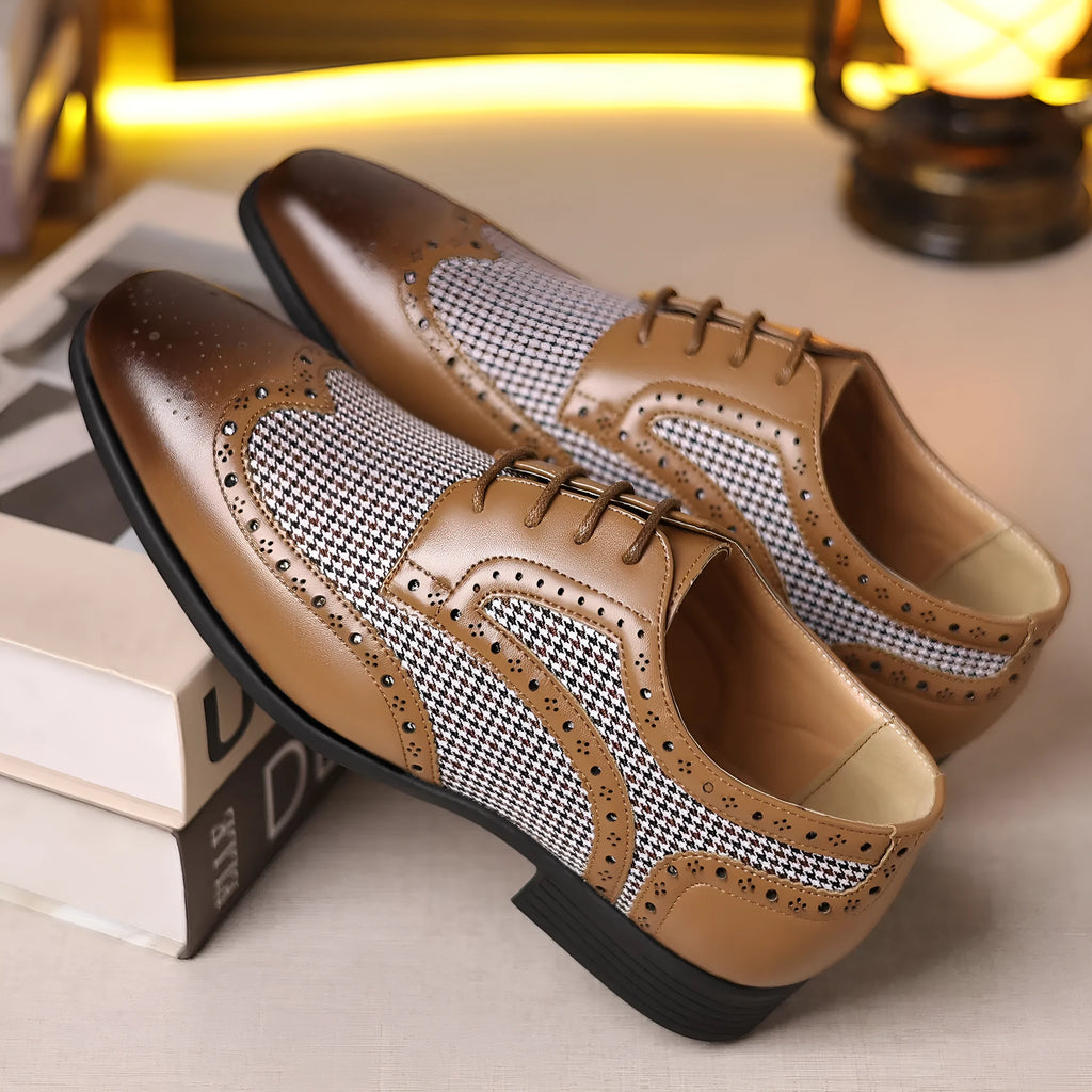 Men's houndstooth plaid casual leather shoes with square toe and lace-up front in four colour options