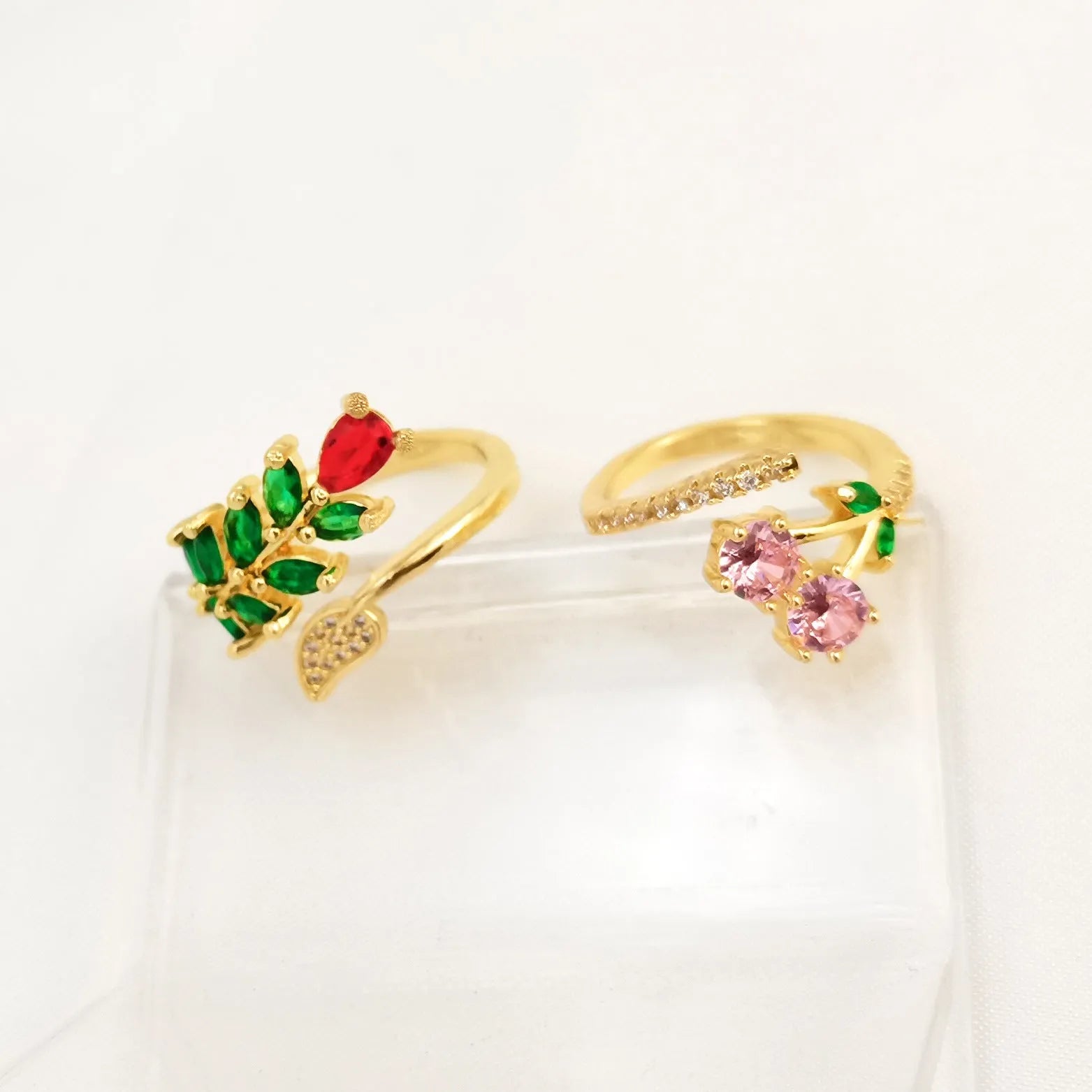 Copper gold plated adjustable ring with micro inlaid leaf design or pink geometric pattern