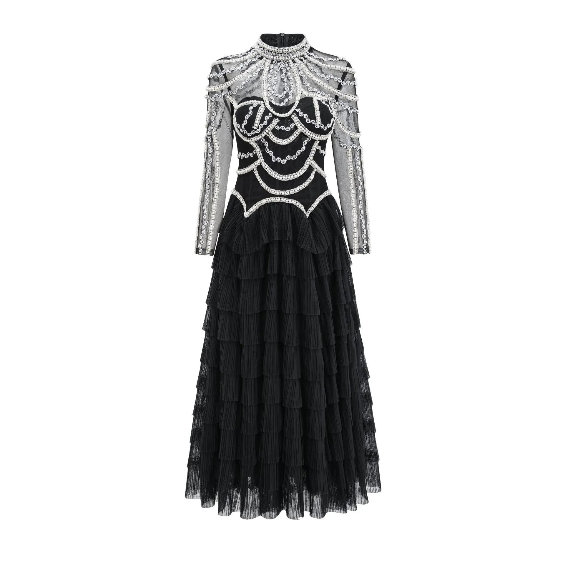 Women's black polyester beaded dress with three-dimensional decoration and long sleeves