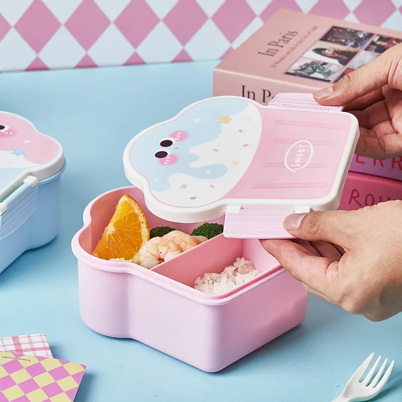 Creative ice cream shaped plastic lunch box with compartments in pink or blue, includes spoon and fork