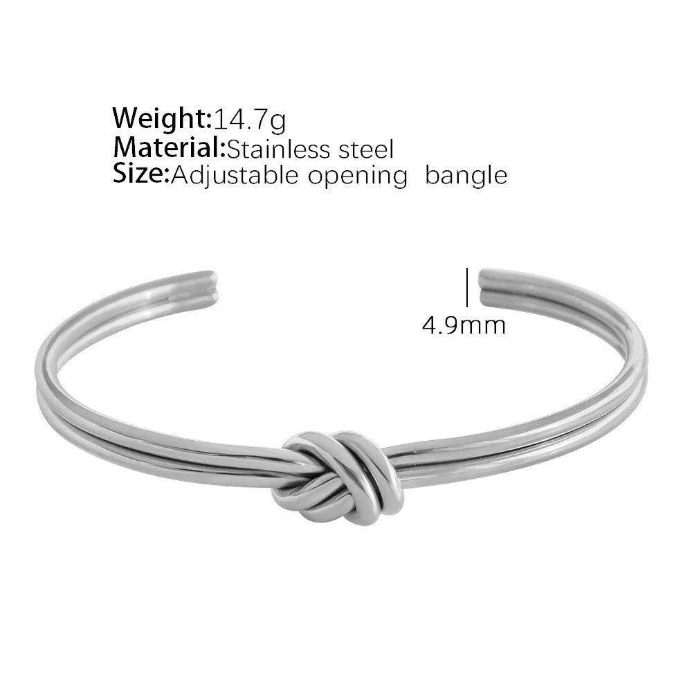 Women's adjustable knotted C-shaped open double-layer stainless steel bracelet with gold plating