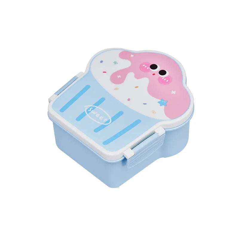 Creative ice cream shaped plastic lunch box with compartments in pink or blue, includes spoon and fork