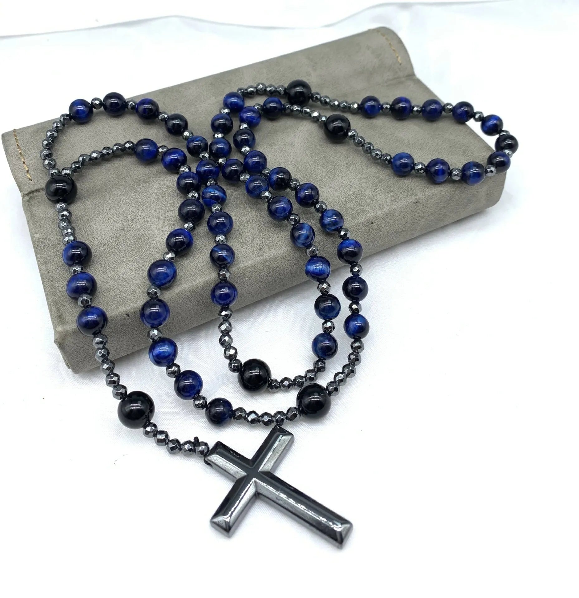 Men's stone geometric cross pendant necklace on an 80cm ball bead chain