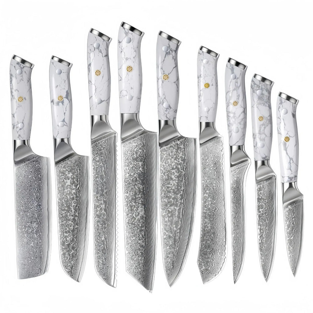 Damascus pattern VG10 steel combined chef's knife with 21cm blade on wooden surface