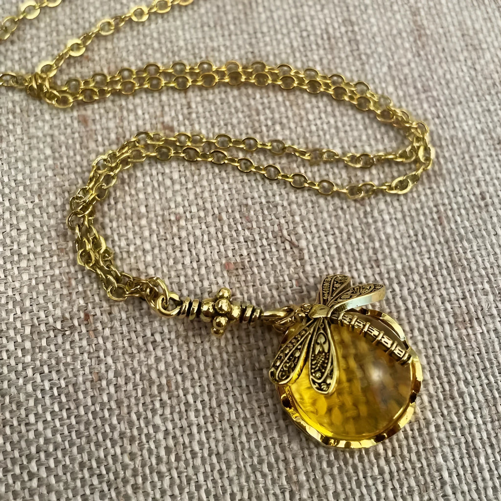 Hand carved dragonfly pendant necklace with 925 silver and vintage bronze yellow colour finish