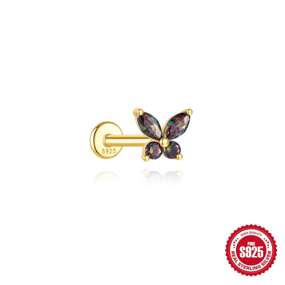 S925 sterling silver flat head thread piercing with a shiny rainbow stone in a gold setting.