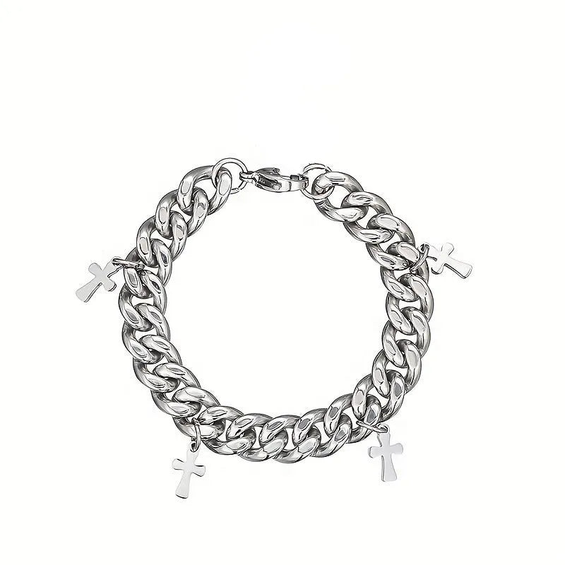 Men's titanium steel bracelet with geometric design featuring cross detail and cold wind styling