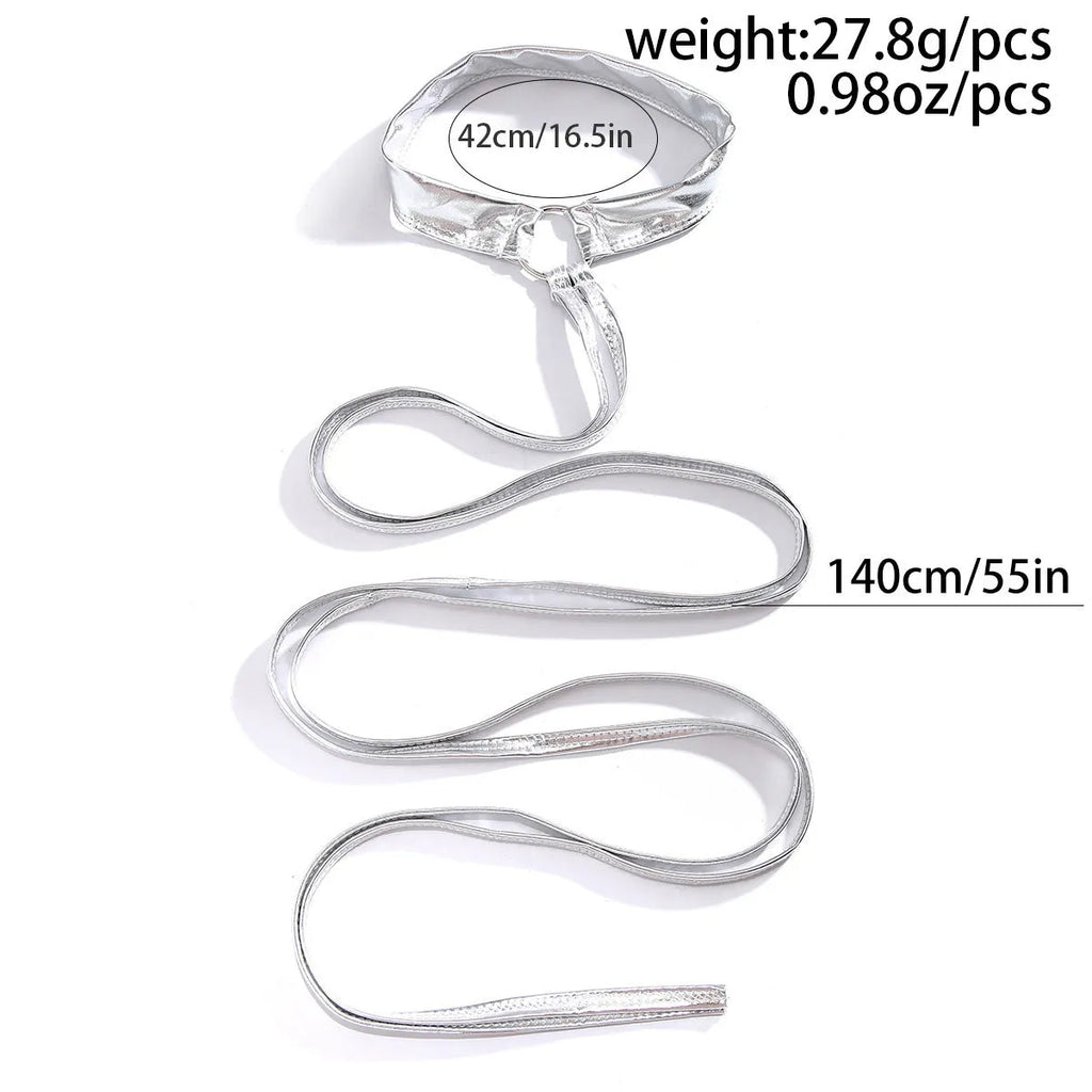 Silver alloy women's thigh chain with long lace-up cross-chain design.