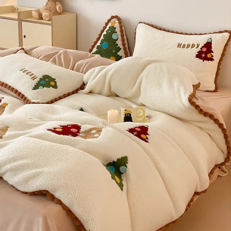 Bright yellow fleece-lined four-piece bedding set with a cartoon winter Christmas tree pattern.