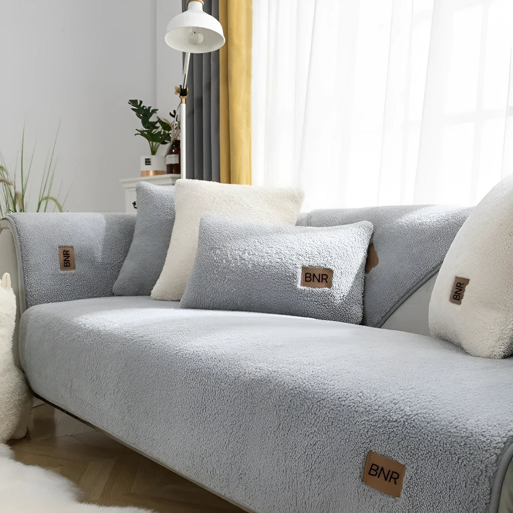 Lambswool machine washable sofa cover in solid colour with stain-resistant fabric