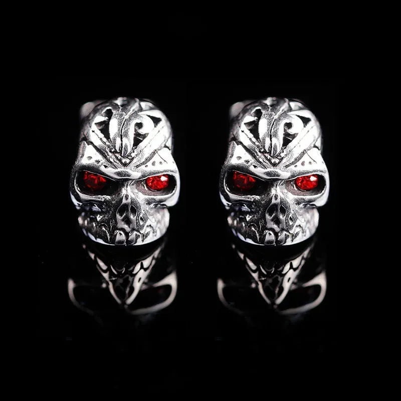 Retro red eye skull stud earrings with alloy construction and electroplated finish