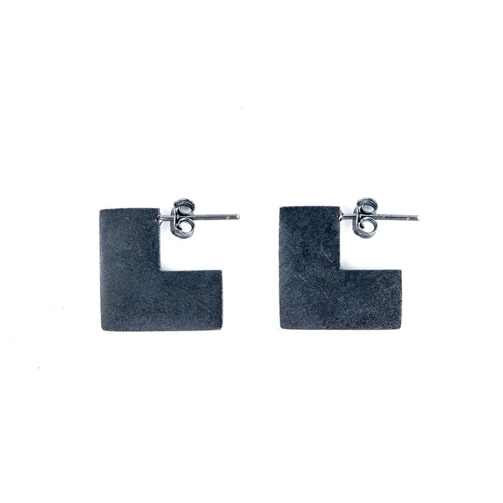 Sterling silver geometric square earrings with oxidised black finish