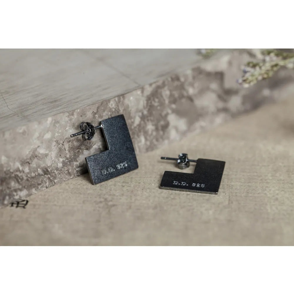Sterling silver geometric square earrings with oxidised black finish