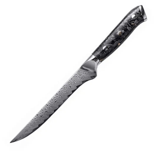 Eight-piece Damascus steel kitchen knife set showing fishbone pattern and different blade sizes