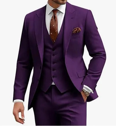 Men's slim fit three-piece suit in a choice of nine colours, shown on a hanger.