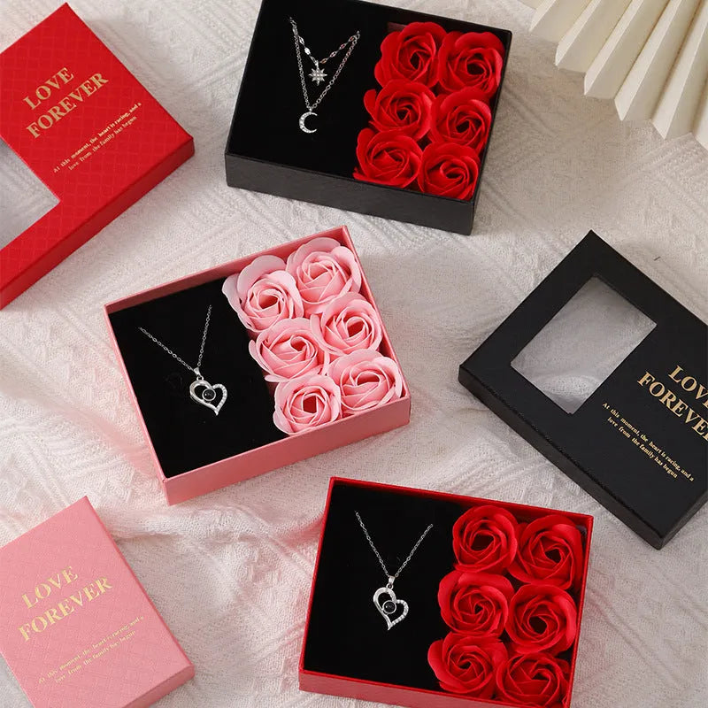 Red soap flower rose gift box set with decorative handbag for Valentine's Day.