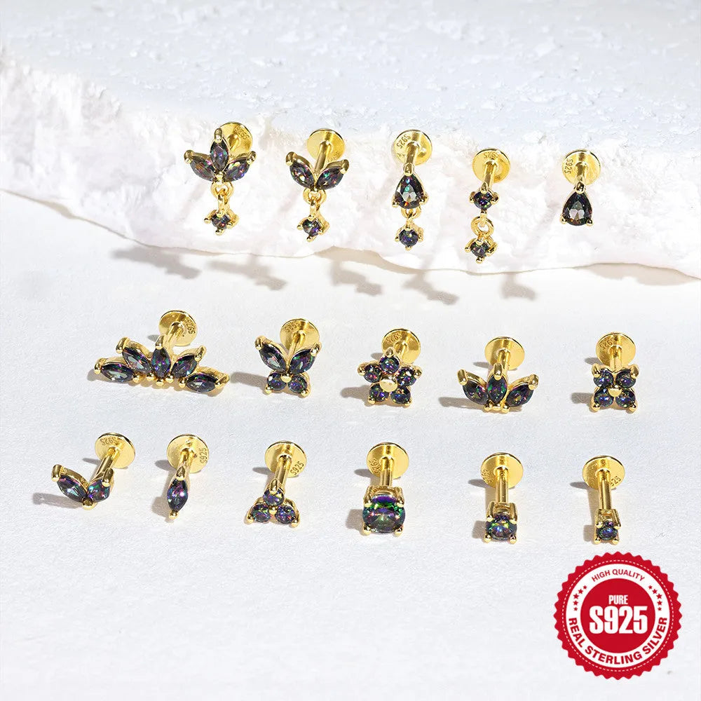 S925 sterling silver flat head thread piercing with a shiny rainbow stone in a gold setting.