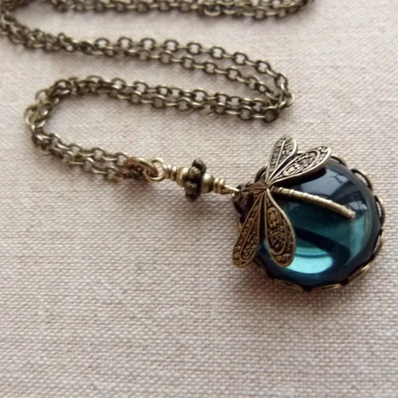 Hand carved dragonfly pendant necklace with 925 silver and vintage bronze yellow colour finish