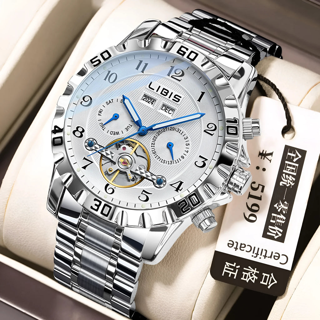 Men's silver stainless steel automatic perpetual calendar mechanical watch with sapphire crystal glass