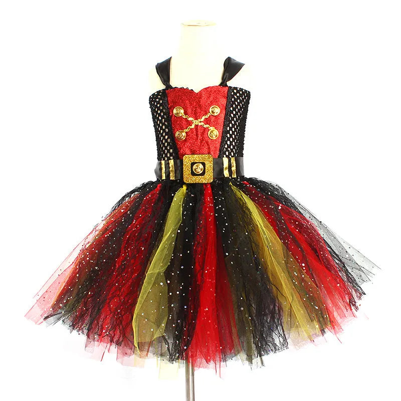 Girls Pirates of the Caribbean costume dress with sequins and gauze mesh detailing, sleeveless design