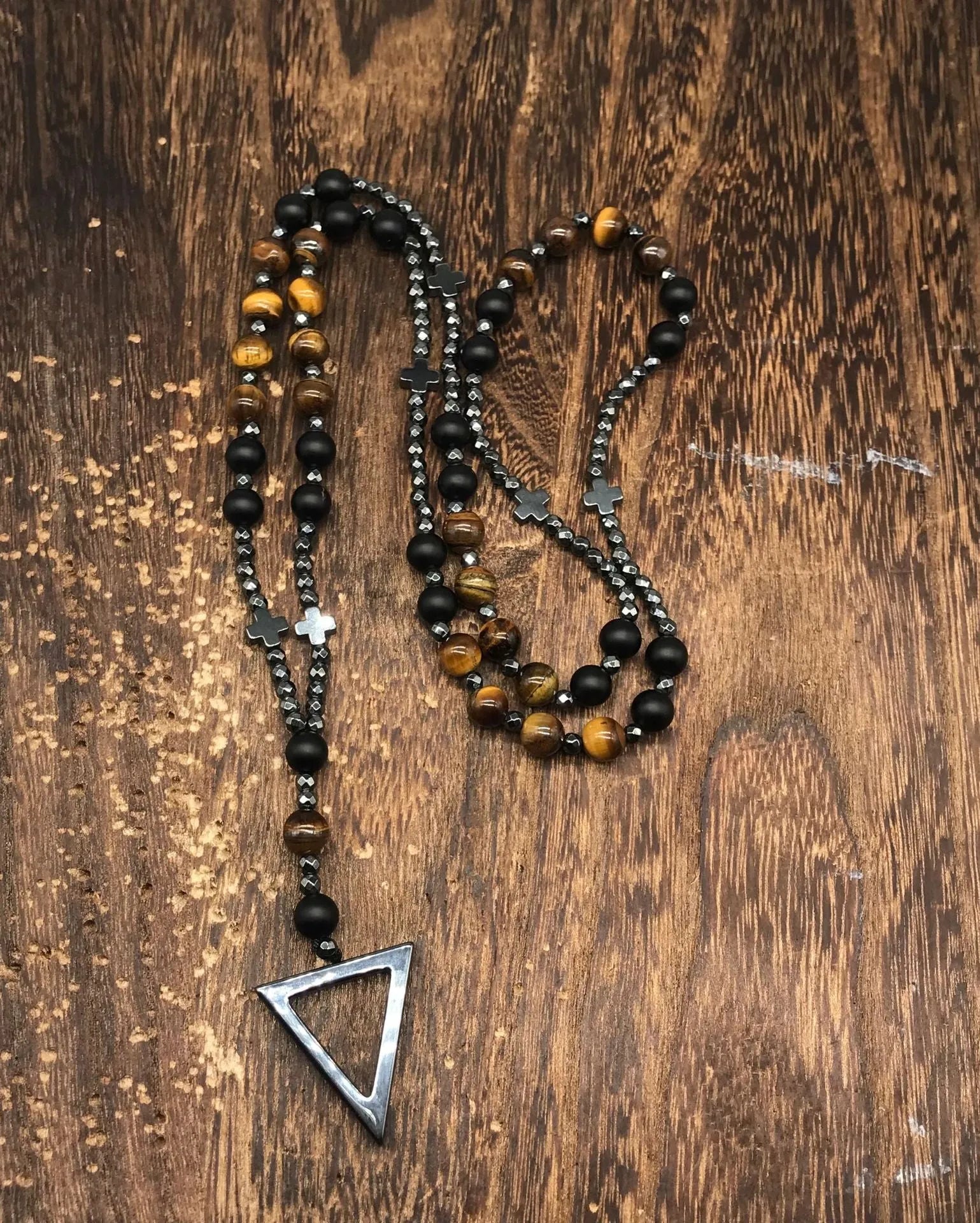 Men's stone geometric cross pendant necklace on an 80cm ball bead chain