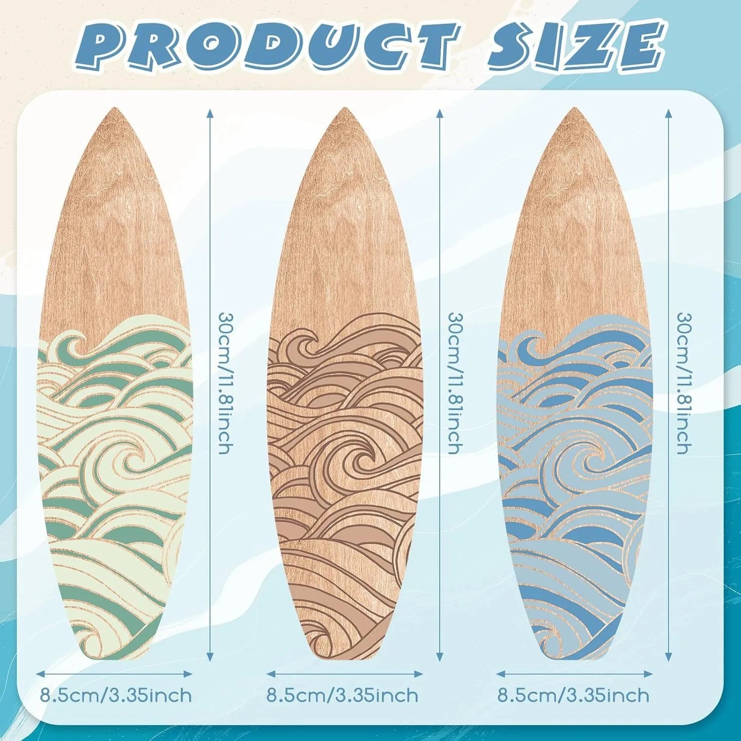 Three identical wooden surfboard wall decorations made from boxwood on a wall.