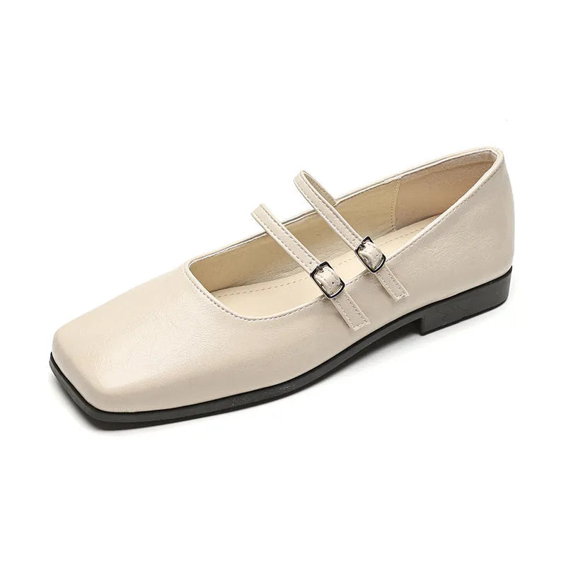Genuine leather women's ballet slipper pumps with cross-buckle strap in silver colour