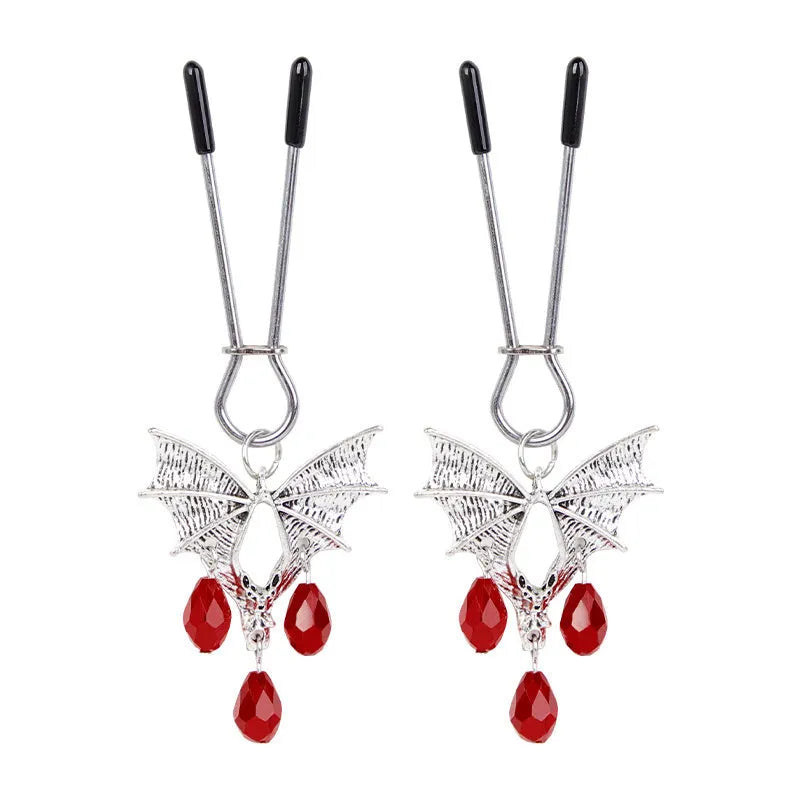 Silver alloy diamond bat nipple clamp with ruby bat clip design for adjustable stimulation