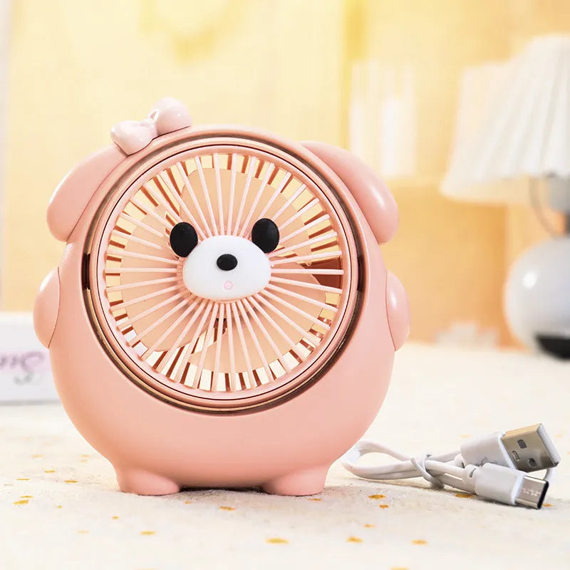 Cute dog-themed USB desk fan for pets with three speed settings on a desktop