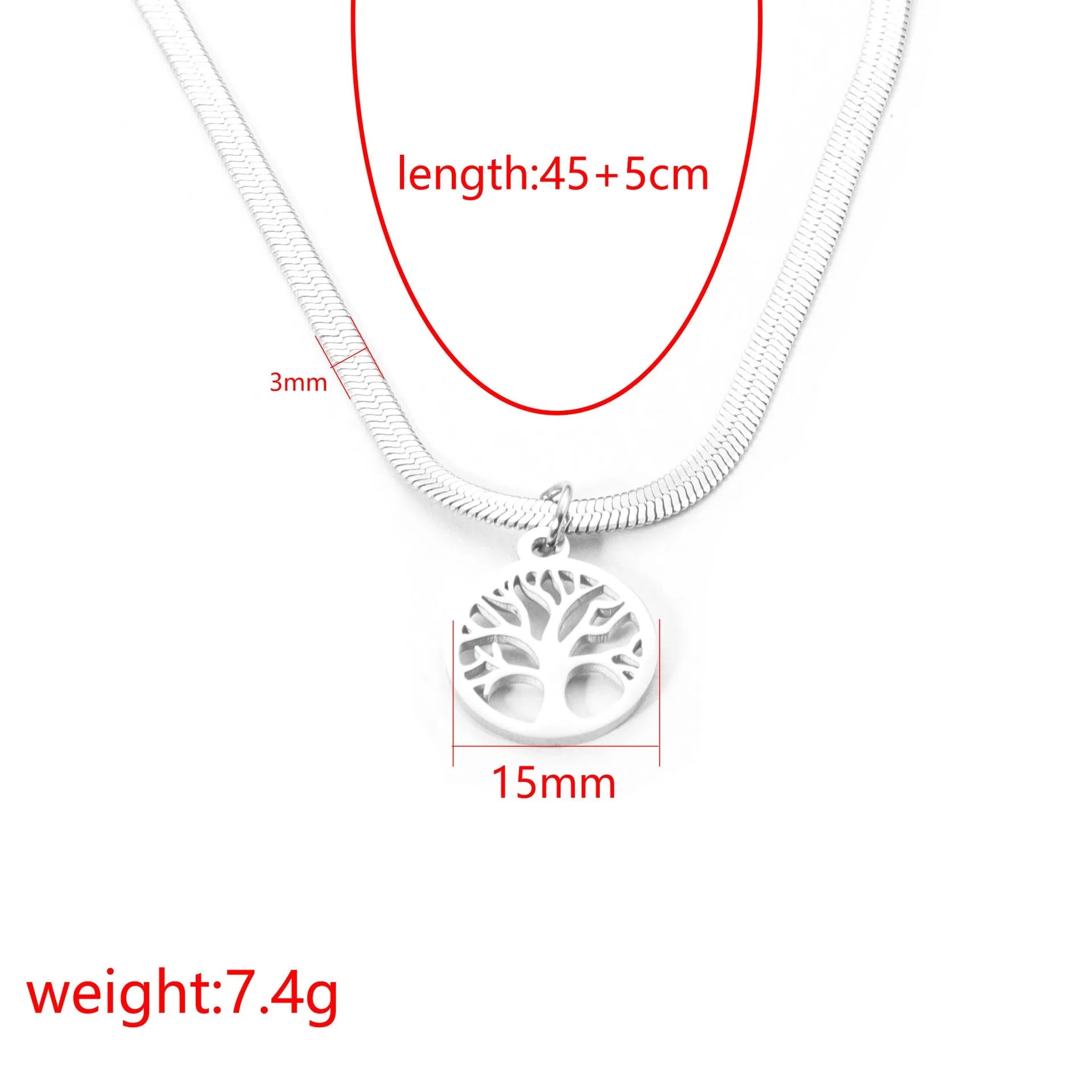 Stainless steel lucky tree pendant necklace on adjustable snake bone chain
