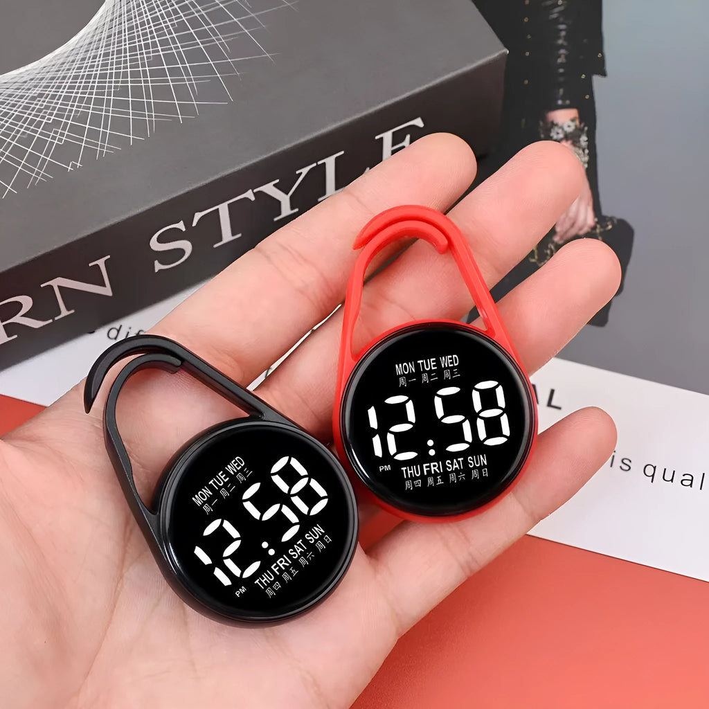 LED electronic watch with digital week display on an adjustable plastic strap, shown in various colours.