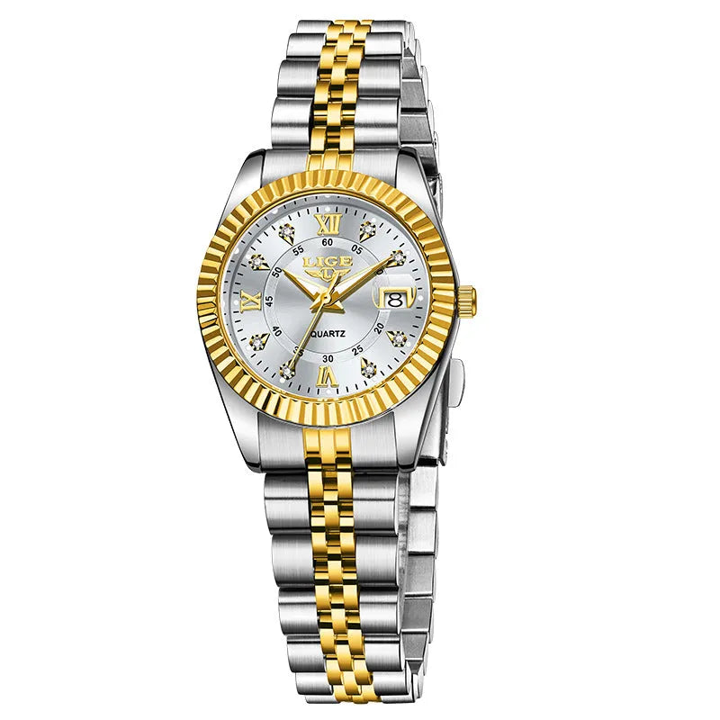 Women's waterproof quartz watch with stainless steel case in gold and silver colour variations