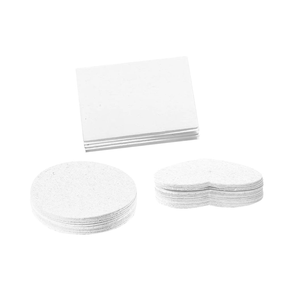 Cartoon wood pulp paper and painting sponge set with six fountain pens and heart, round, square paper shapes