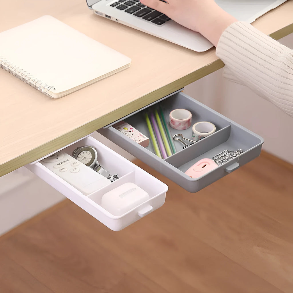 White plastic under table storage box with drawer lid and adhesive base for hidden organisation