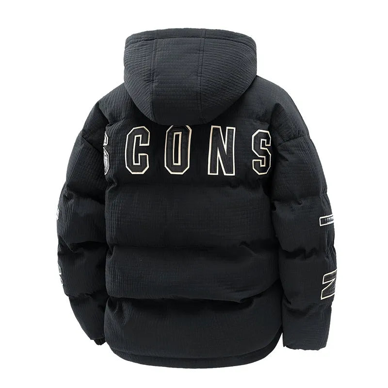 Men's black hooded winter coat with letter-print design and side pockets in Korean cardigan style