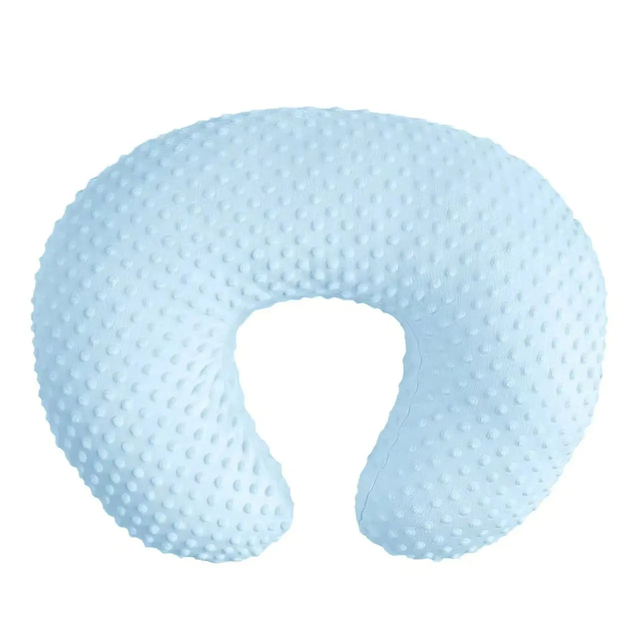 Nursing pillow with integrated spill barrier in a choice of pink, yellow, grey, or light blue colours.