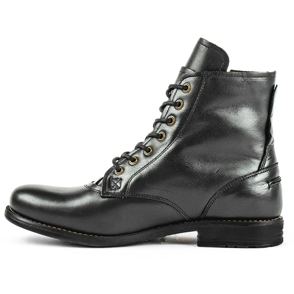 Knight Series men's two-tone leather boot with side zipper in black, showing low heel and mature style.