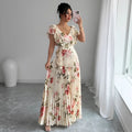 Women's apricot floral print dress with V-neck, ruffled sleeves and oversized swing skirt