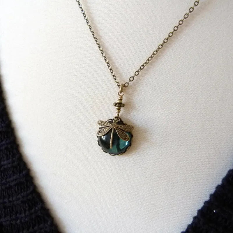 Hand carved dragonfly pendant necklace with 925 silver and vintage bronze yellow colour finish