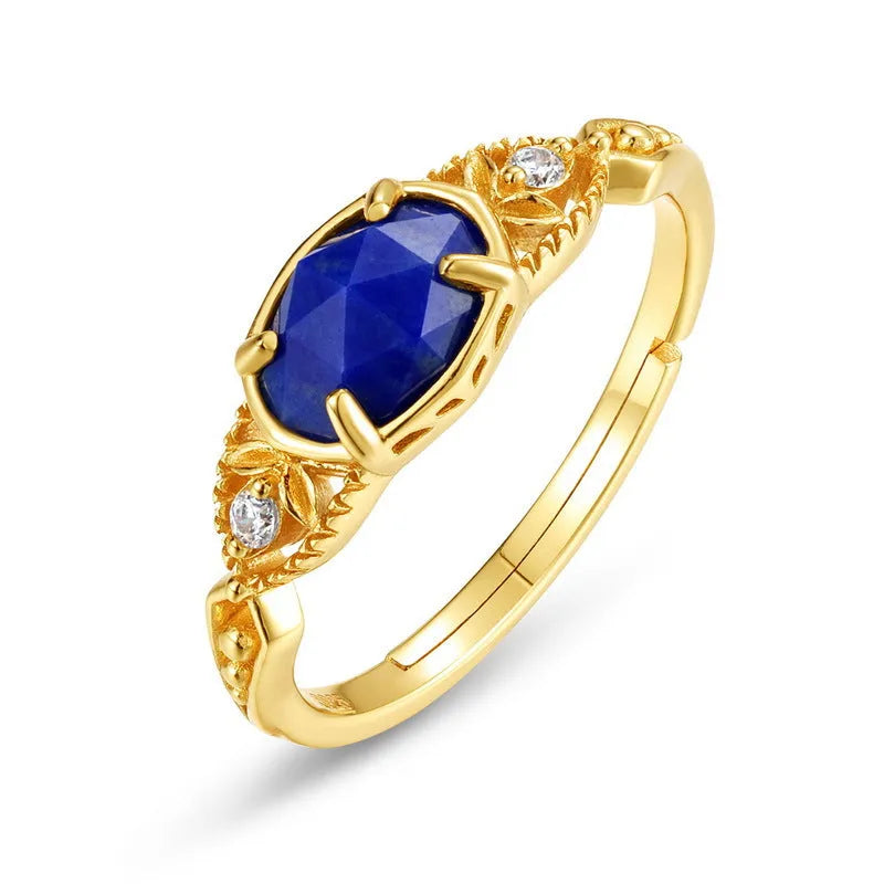 Women's silver geometric ring with blue lapis lazuli stone in ellipse shape