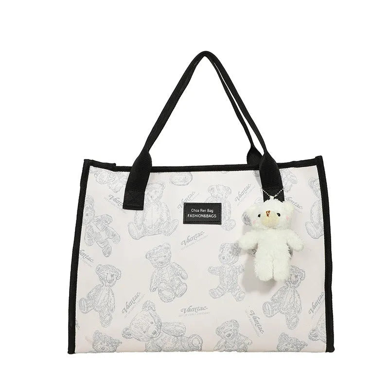 Women's black canvas tote bag with rhombus pattern print and large capacity design