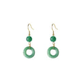 A pair of green and gold geometric earrings with a Chinese peace buckle and ring design.