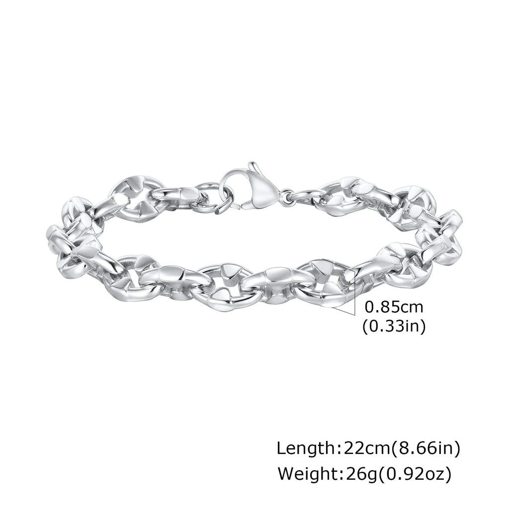 Handmade stainless steel thick geometric chain bracelet in steel colour.