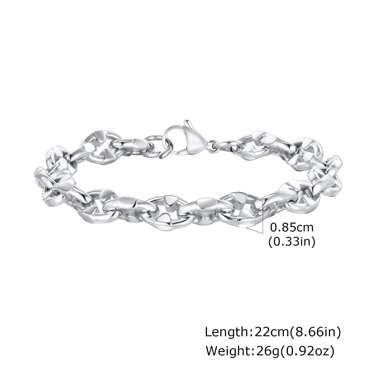 Handmade stainless steel thick geometric chain bracelet in steel colour.