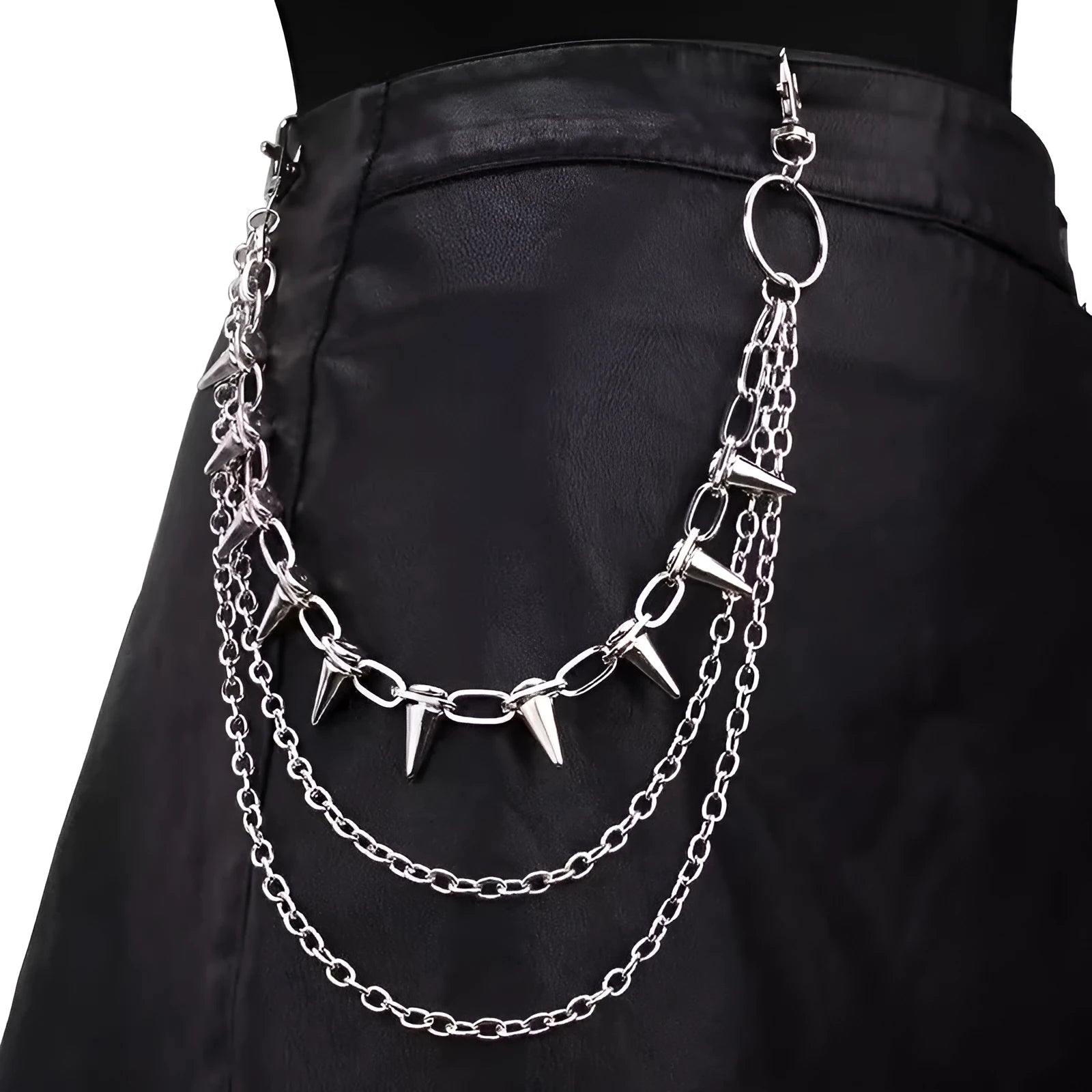 Silver metal double layer pants chain with rivet details and a zipper pendant ornament.
