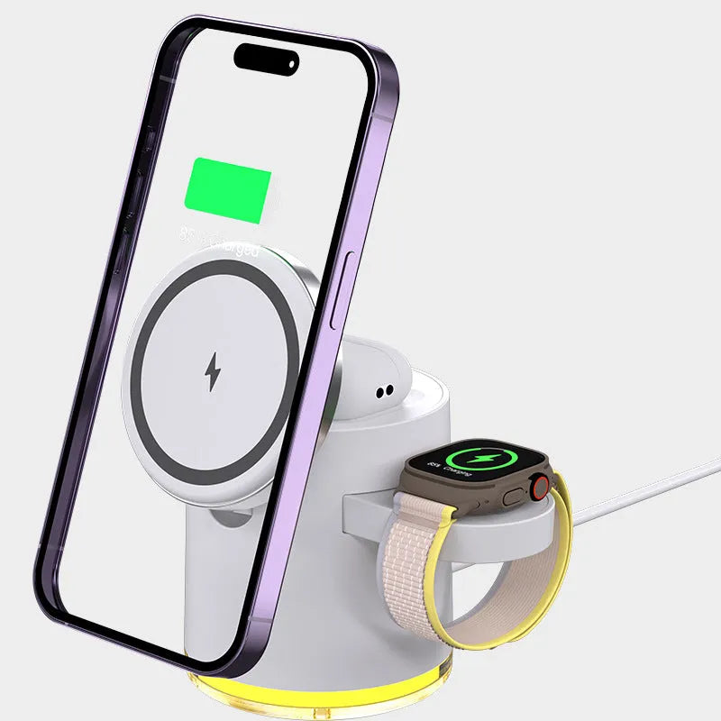 C16 ivory white folding magnetic three-in-one wireless charger showing phone, watch, and earbuds charging simultaneously.