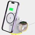 C16 ivory white folding magnetic three-in-one wireless charger showing phone, watch, and earbuds charging simultaneously.