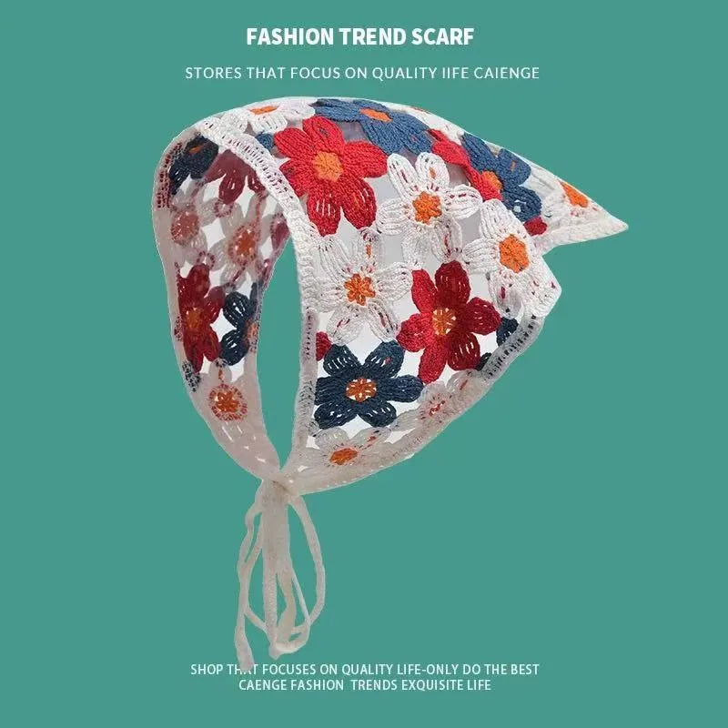 Women's cotton triangular headscarf with floral pattern in French retro style for autumn winter wear