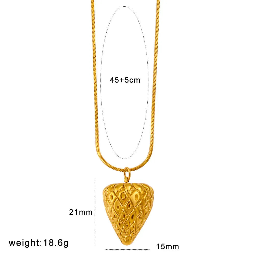 Stainless steel fruit necklace pendant with six design options including apple, grape, watermelon, pineapple, strawberry, and banana