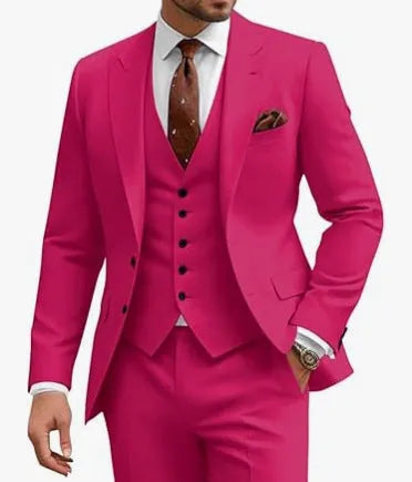 Men's slim fit three-piece suit in a choice of nine colours, shown on a hanger.